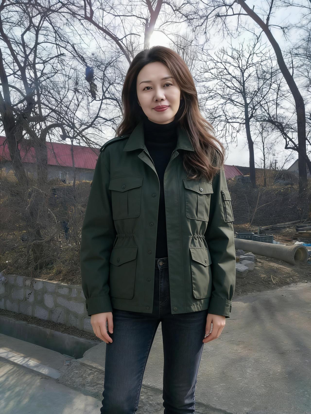 村路凝寒晓，衣裁军绿深。
襟开吞野色，腰束绾霜林。
发卷春风软，唇含晓露金。
倩