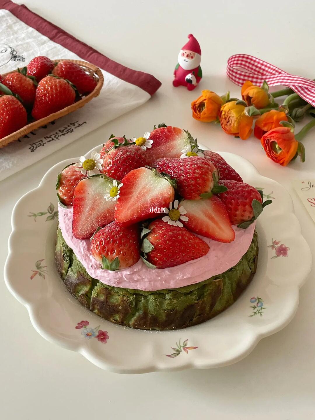 在家做甜品🎄抹茶草莓奶油巴斯克🍓治愈美味