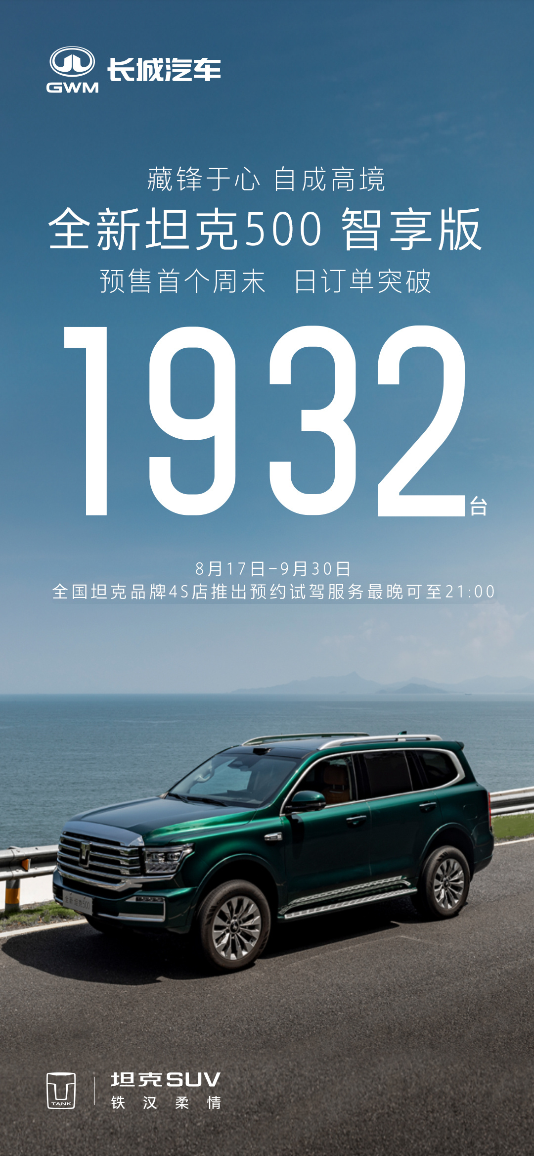 新款坦克500小订了1932台长城挺实在，有零有整这个数字比起那些动辄上万确实不