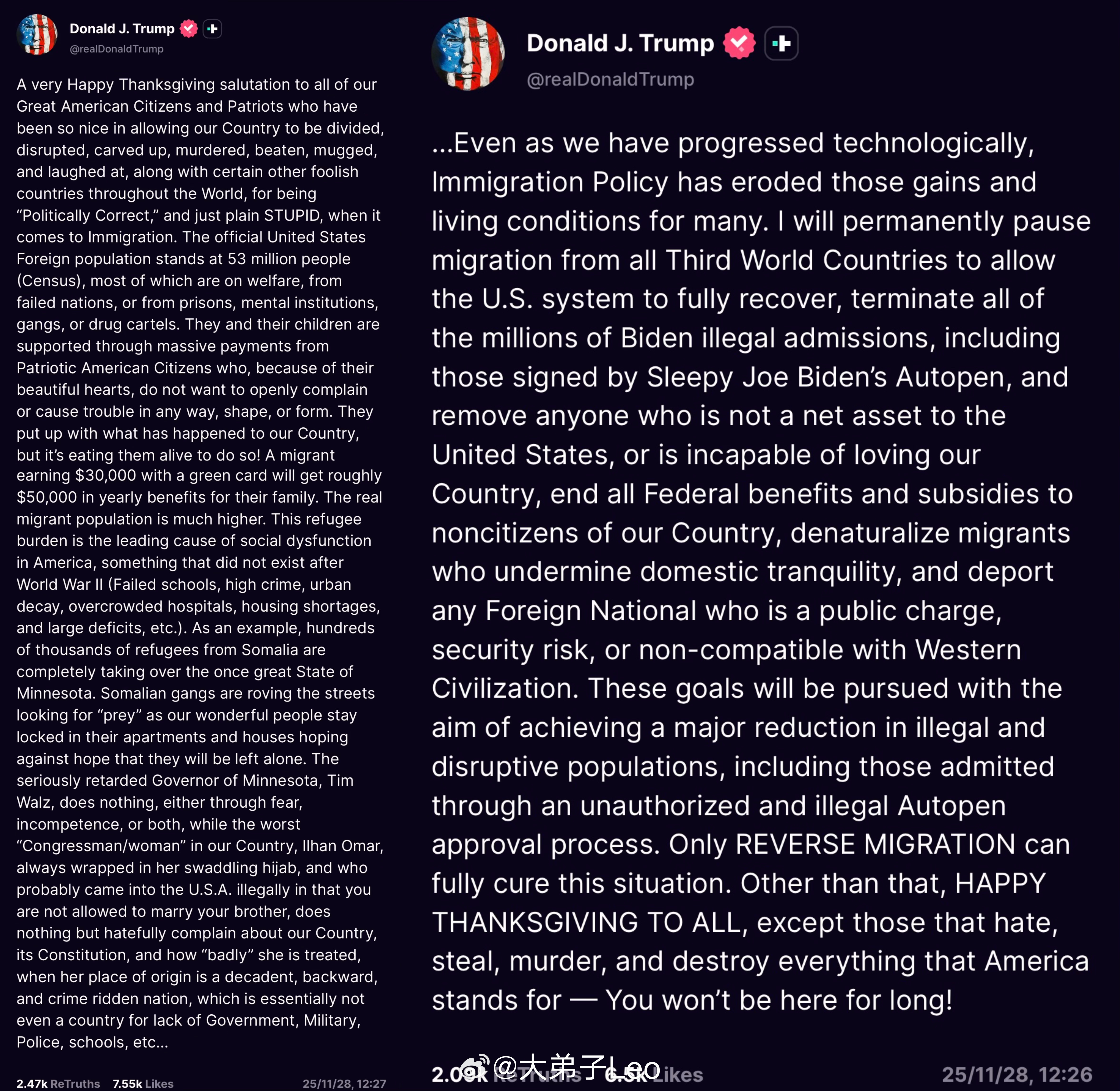 特朗普发布千字长文，永久暂停来自所有第三世界国家的移民“我将永久暂停来自所有第三