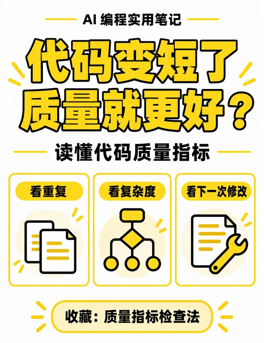 AI代码越短越好？收藏质量指标读法
AI把300行代码压成180行，就算重构成功