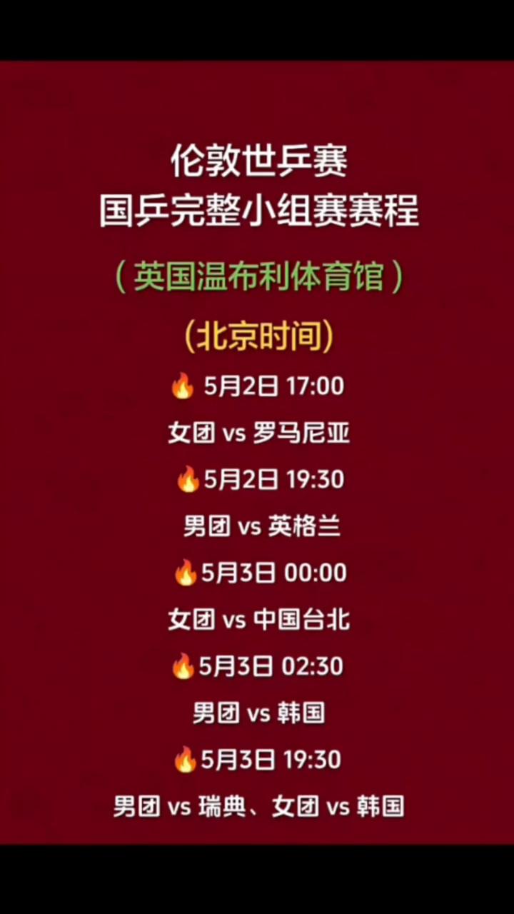 伦敦世兵赛国乒完整小组赛赛程(英国温布利体育馆)。
·5月2日17：00，女团v
