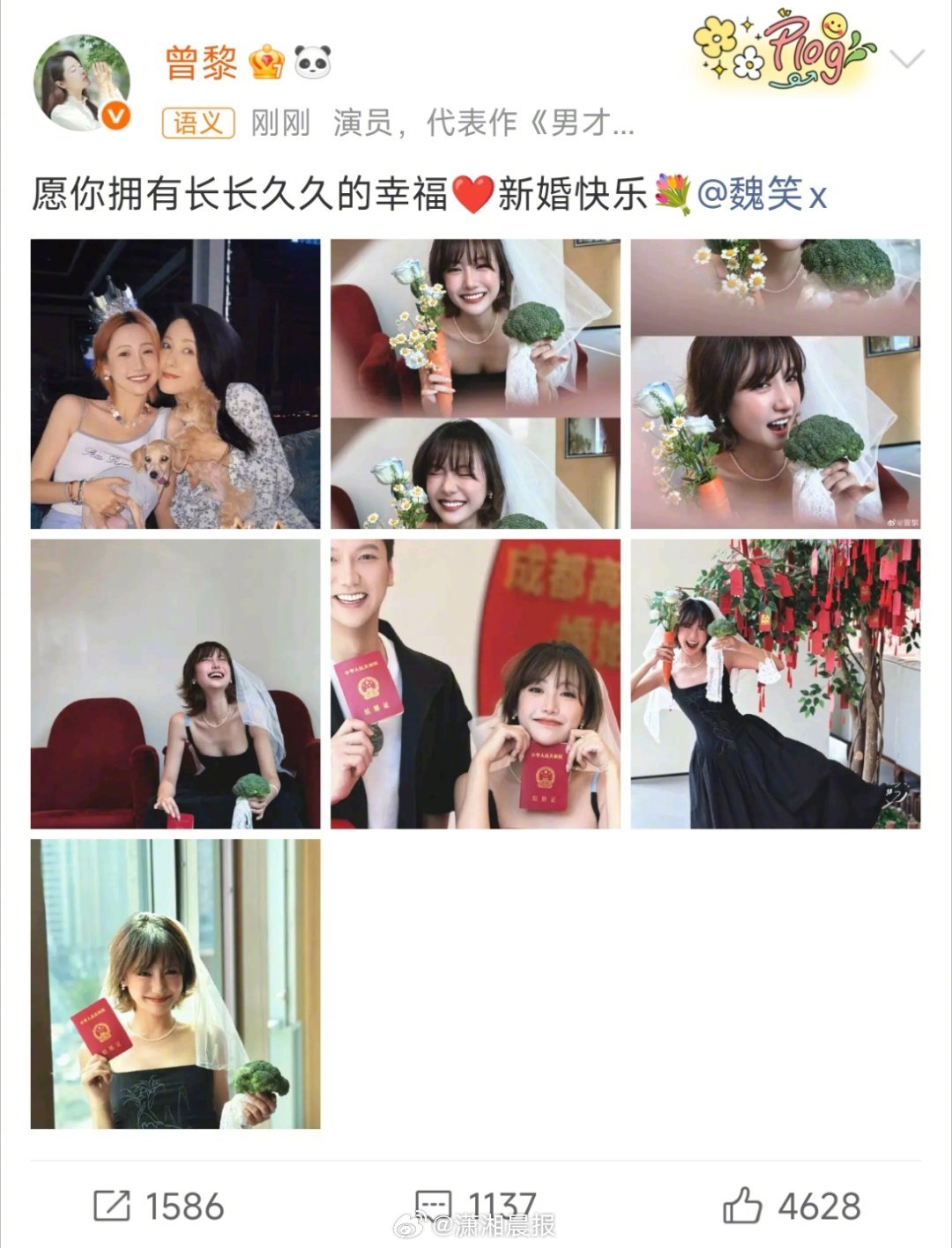 【#曾黎祝魏笑新婚快乐#】#魏笑结婚# 4月26日，据潇湘晨报晨视频综合，昨日有