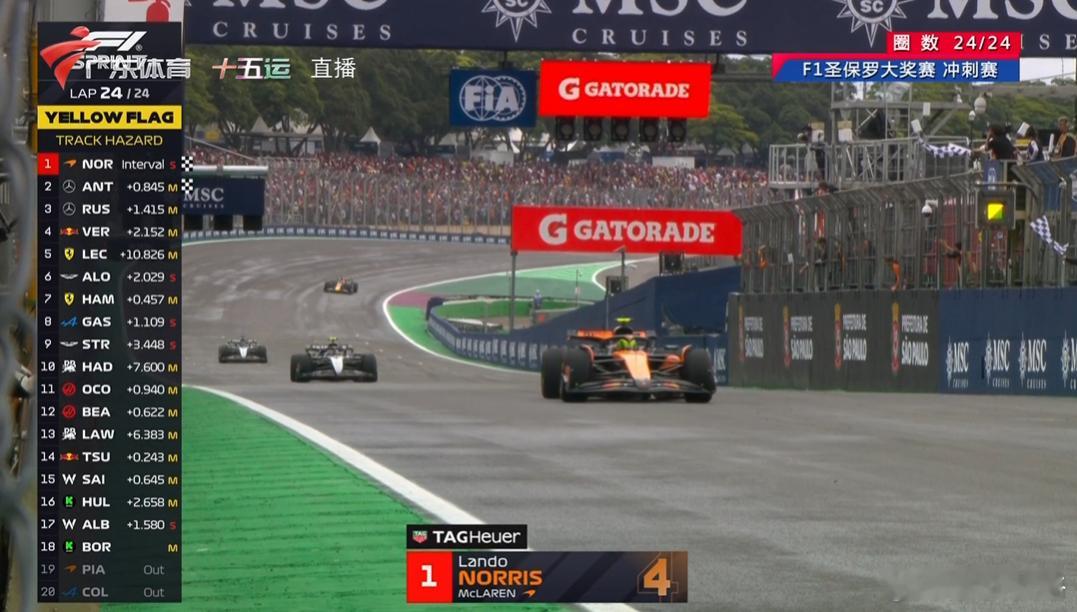 2025f1圣保罗大奖赛 冲刺赛，无聊3辆车同一个弯撞完红旗后，几乎都在排队跑最