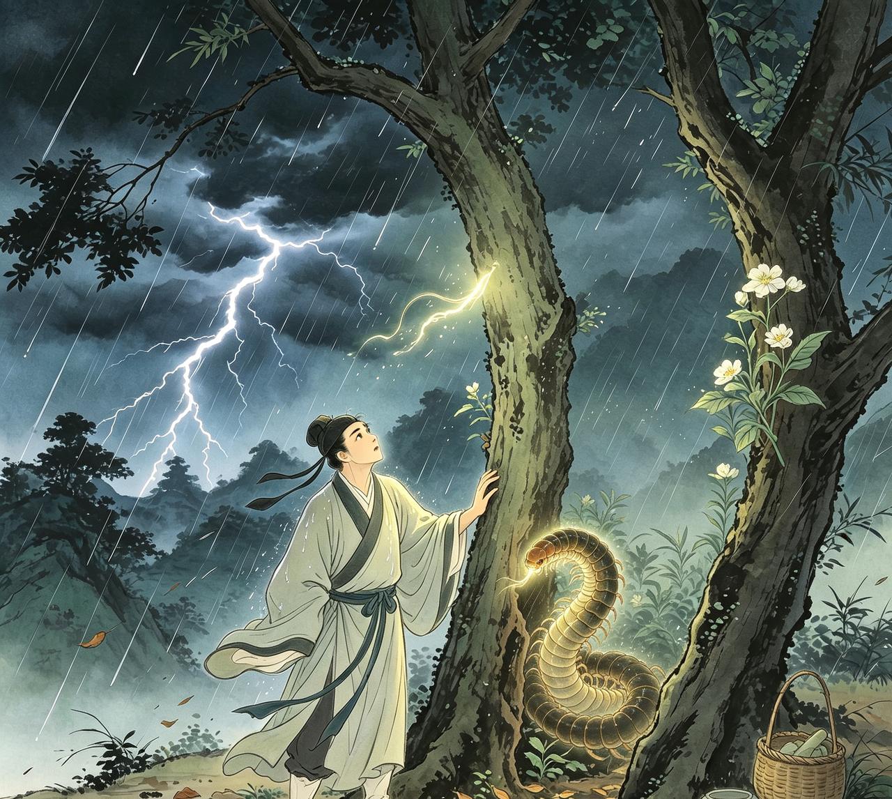 晚清时一天，书生沈白石深入山林为母亲采黄精，突逢狂风骤雨、雷电大作。他急忙避于大