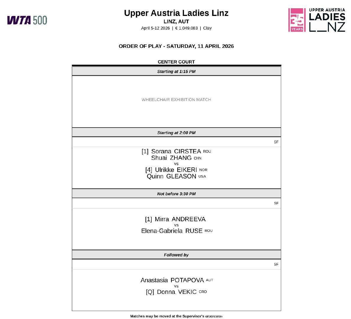 WTA500林茨站今日赛程📅女单半决赛开打，张帅组合冲击双打决赛。以下安排均为