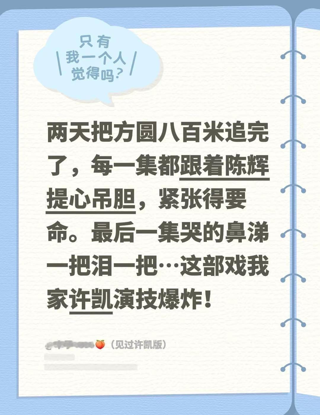 两天把方圆八百米追完了，每一集都跟着陈辉提心吊胆，紧张得要命。最后一集哭的鼻涕一