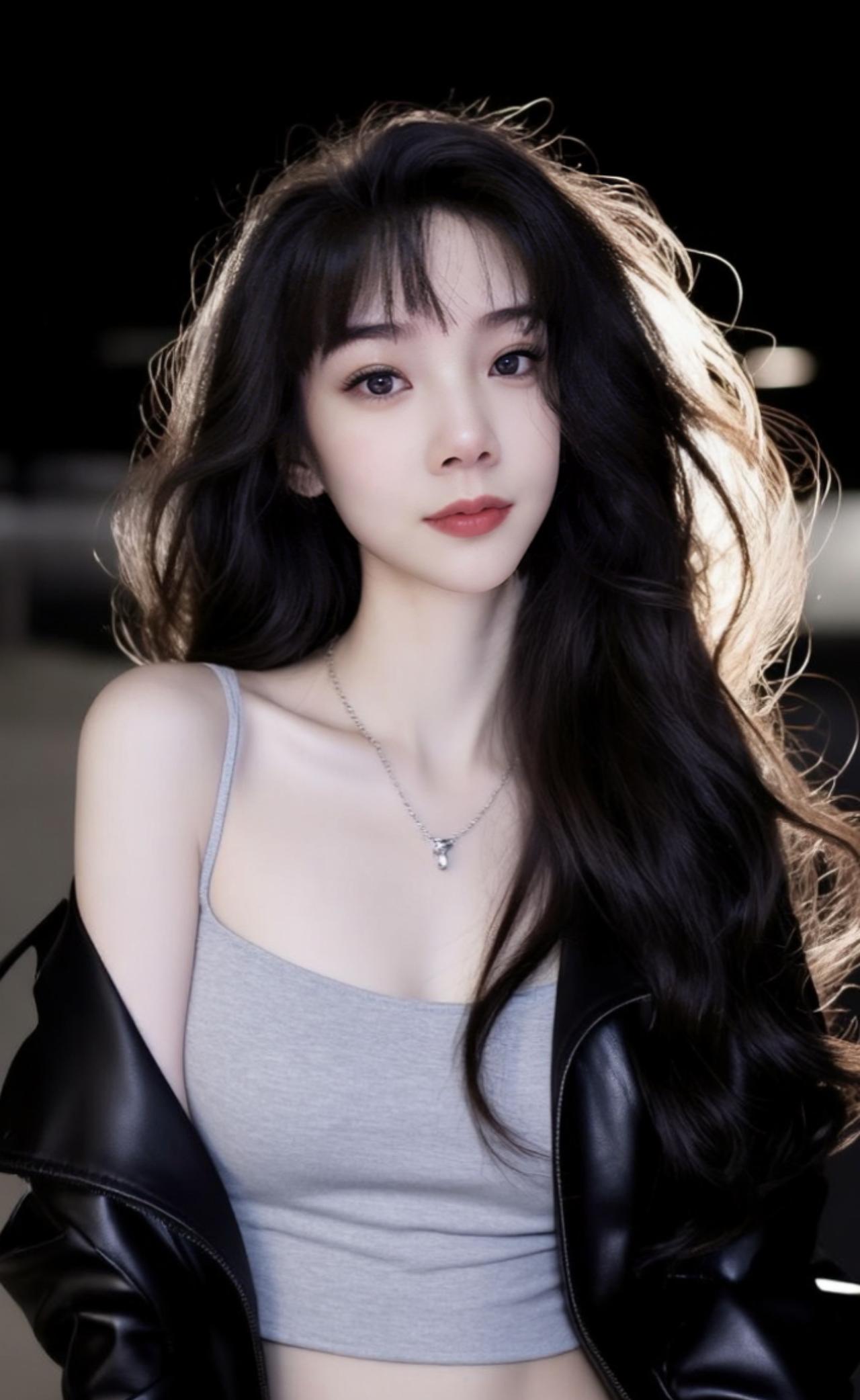 夜晚的街头，长发飘逸，黑皮夹克，性感迷人