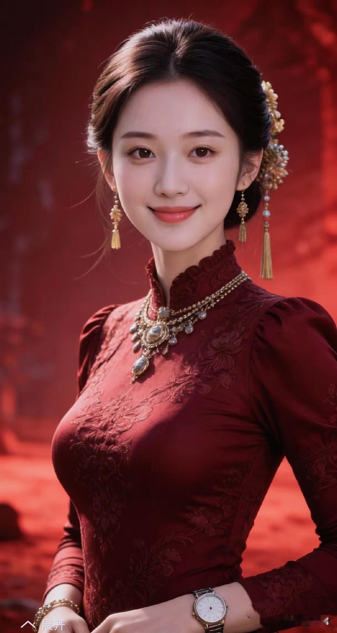 中国服饰，传统文化
  酒红旗袍，锦缎纹路
立领颈高，柳丝纤柔
出水芙蓉，亭亭玉