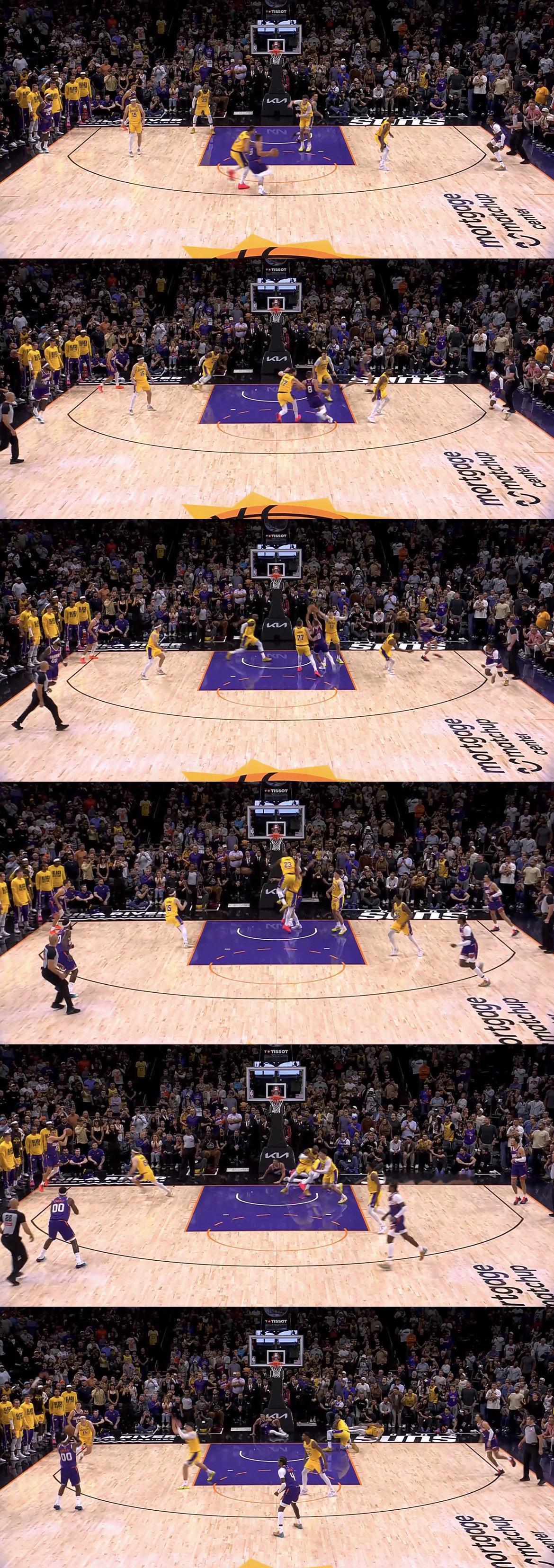 最后时刻：阿伦迎着东契奇突至篮下，詹姆斯协防后撞倒东契奇，随后湖人被太阳绝杀今日