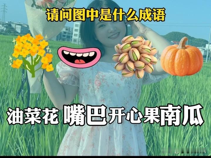 看到油菜花、嘴巴、开心果、南瓜这几个元素，我联想到了“油嘴滑瓜”。虽然不是传统成