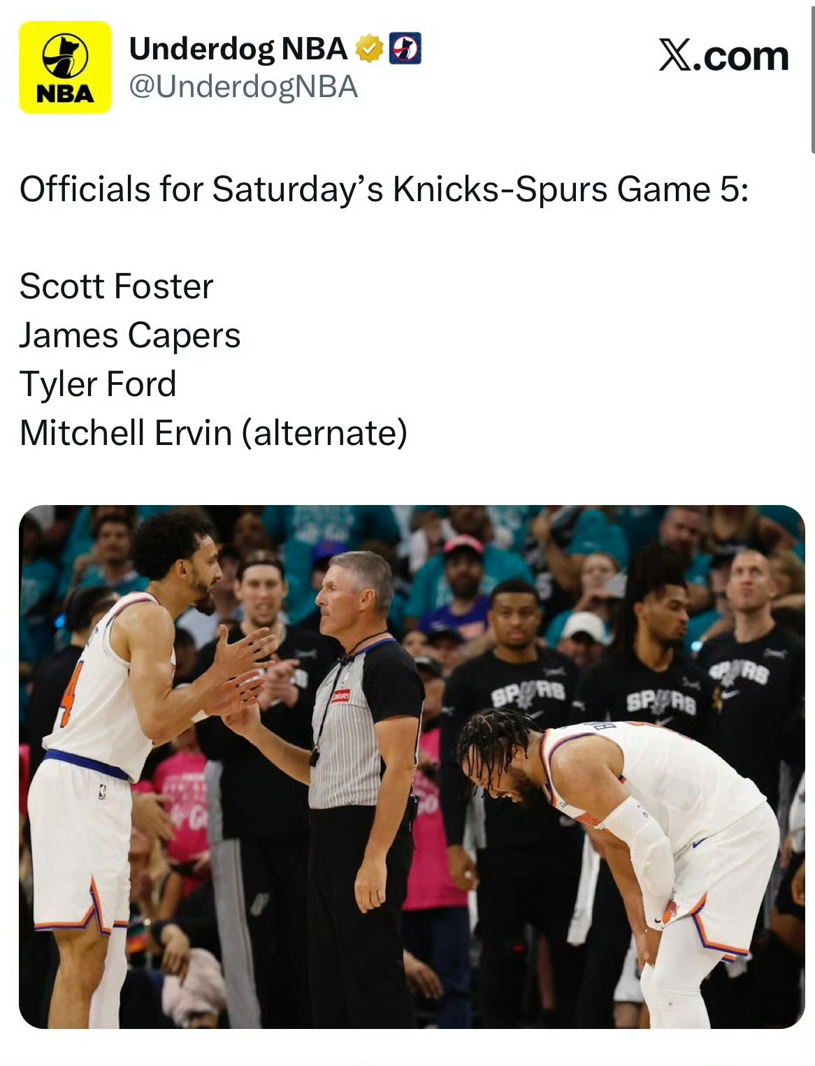 总决赛G5裁判：福斯特。NBA尼克斯vs马刺