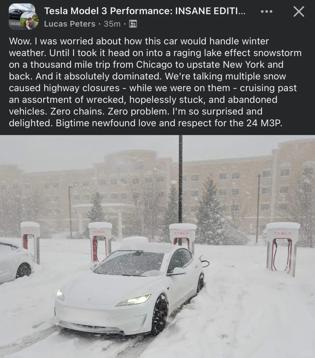 新款 Model 3 Performance 车主对他的特斯拉在暴风雪...