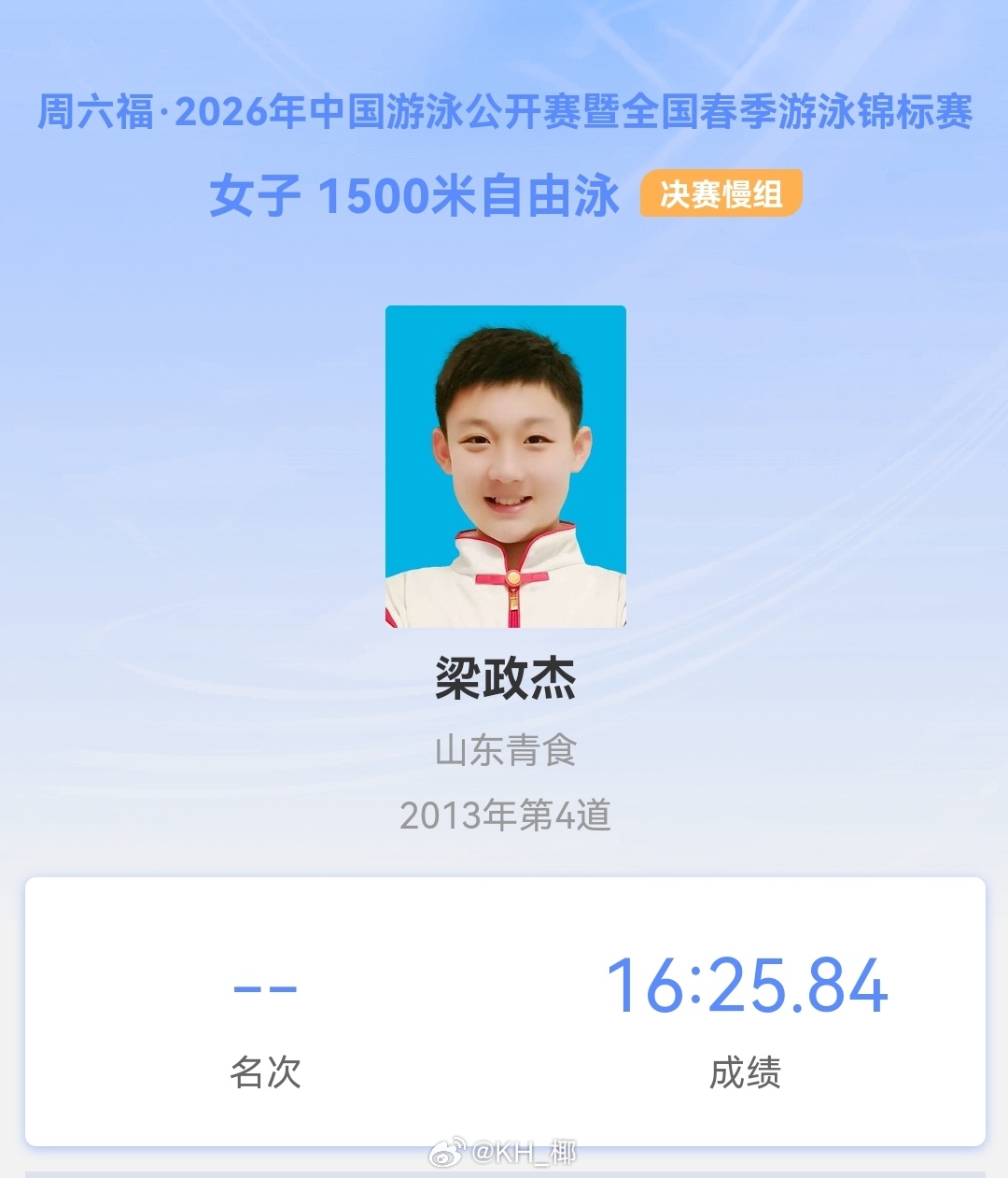 2026年中国游泳公开赛 女1500自慢组决赛2013年出生的梁政杰16:25.