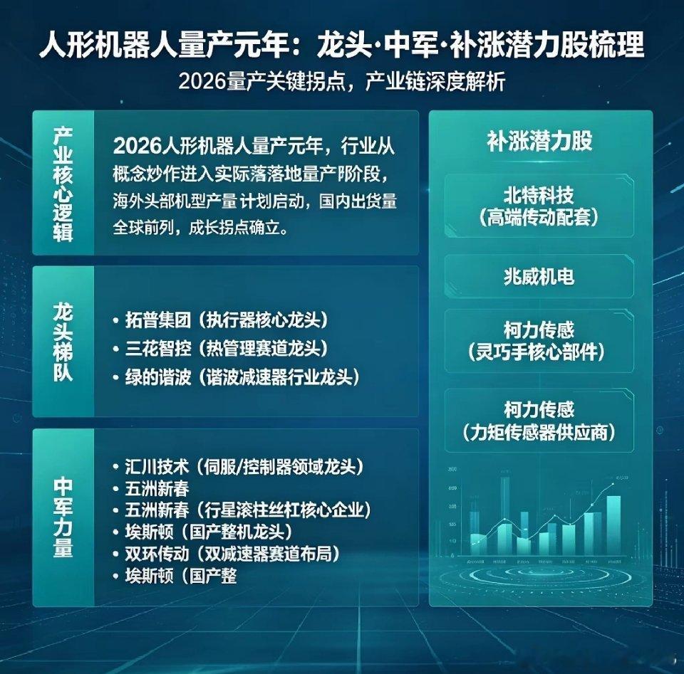 只做龙头，拒绝杂毛。人形机器人：龙头+中军+补涨 梯队（2026最新）总龙头（板
