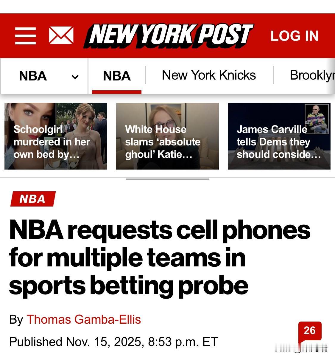 突发新闻：NBA正在扩大其非法体育赌博调查，并已要求包括洛杉矶湖人队在内的多支球