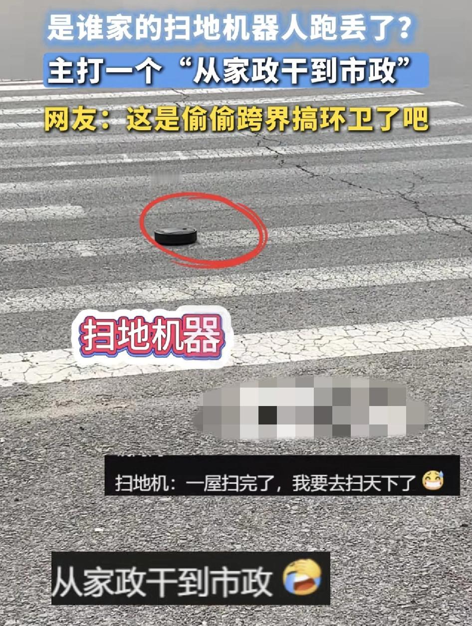 河南一位网友分享视频称，在路边看到一只扫地机器人在斑马线上移动，不知道是哪家主人