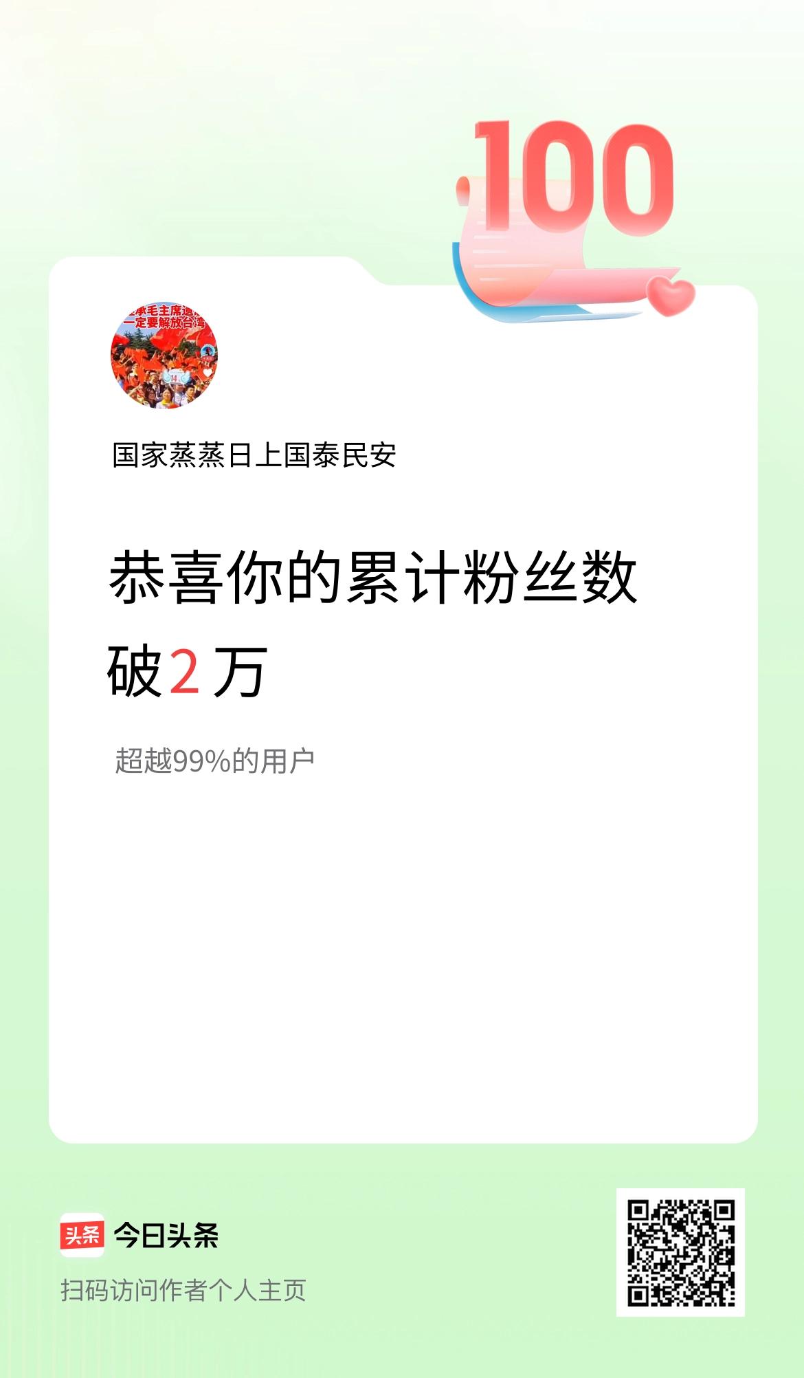 我在头条累计粉丝数破2万啦！