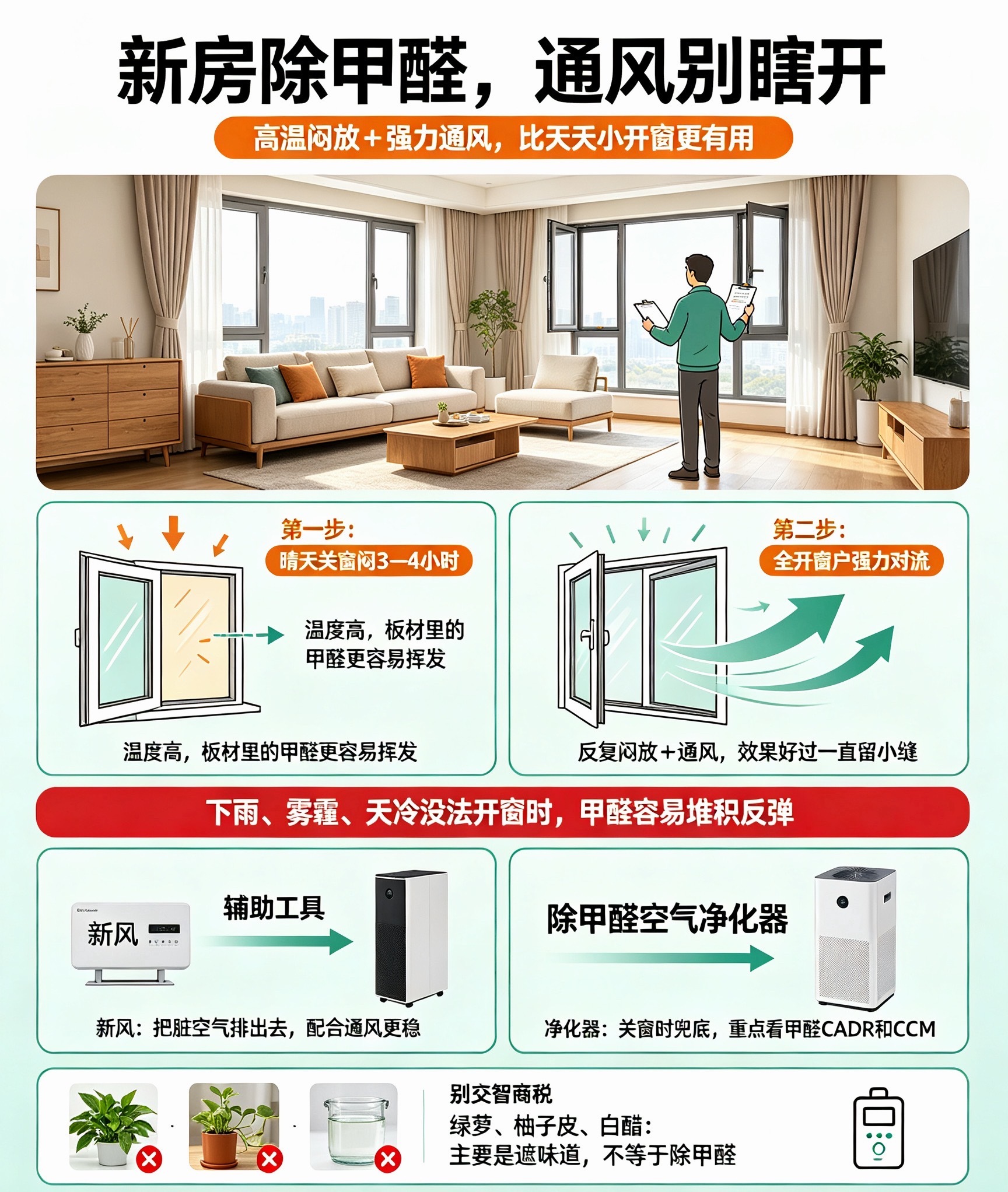 新房装修完除甲醛要怎么做新房装修完，第一时间肯定是要通风，但是通风并不是把窗户常
