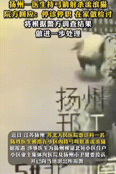 江苏扬州，某医院的急诊科医生，手持弓弩在自家小区里射杀流浪猫，被小区居民发现后，