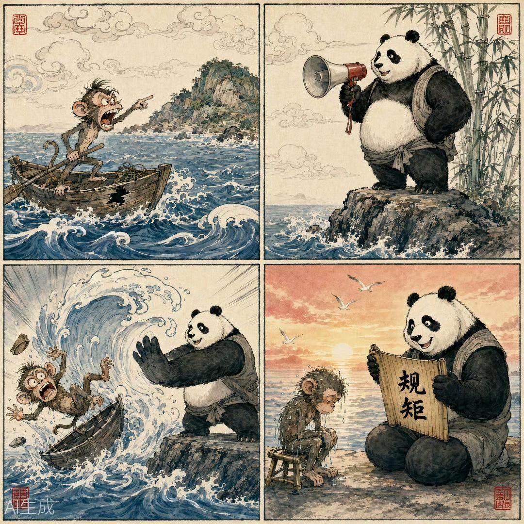 沈逸老师用Kimi3画的中菲仁爱礁斗法漫画。
图二是细节迭代版，已经对太阳等细节