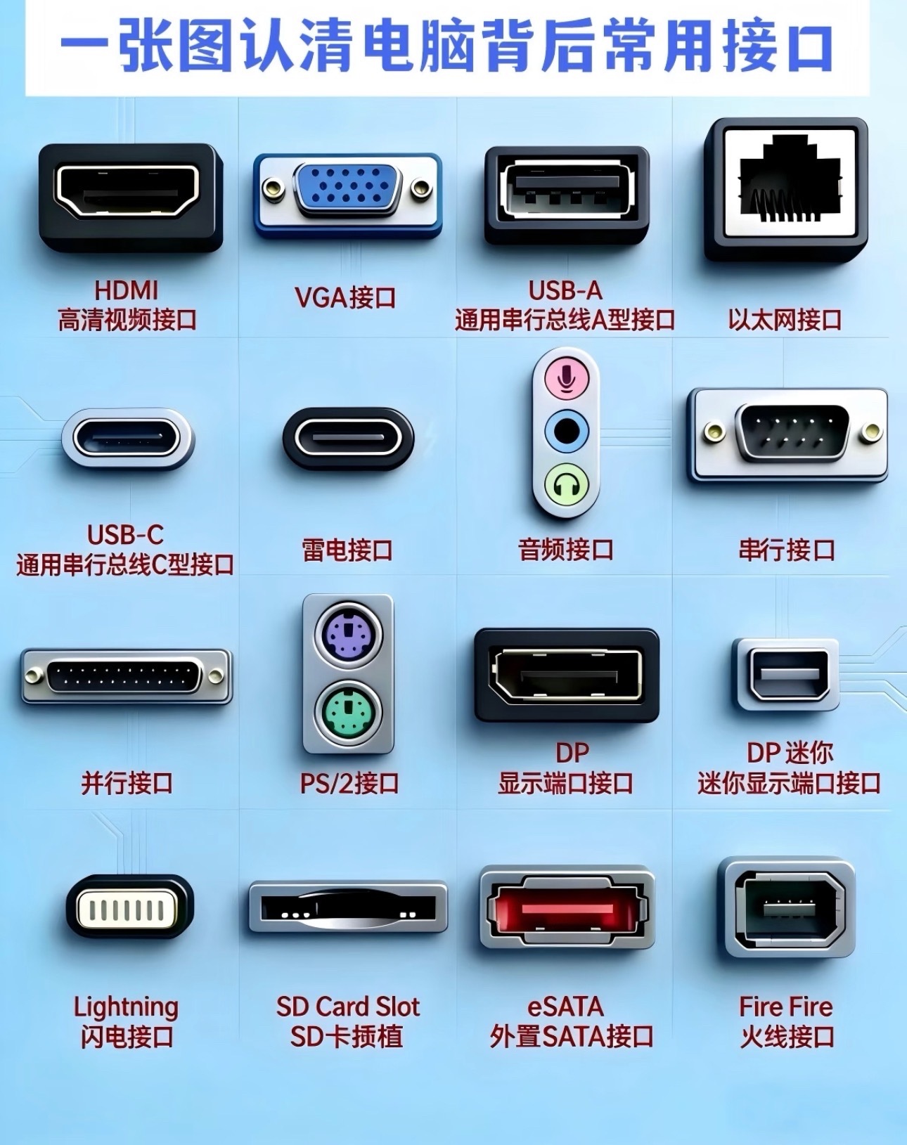 电脑背后的接口总认不清？这张图一次性讲明白！HDMI是高清视频接口，接显示器、电