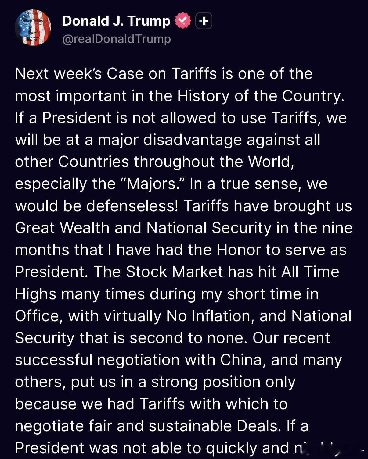 特朗普警告：若失去关税权，美国恐沦为第三世界国家"下周关于关税的案件，是我国历史