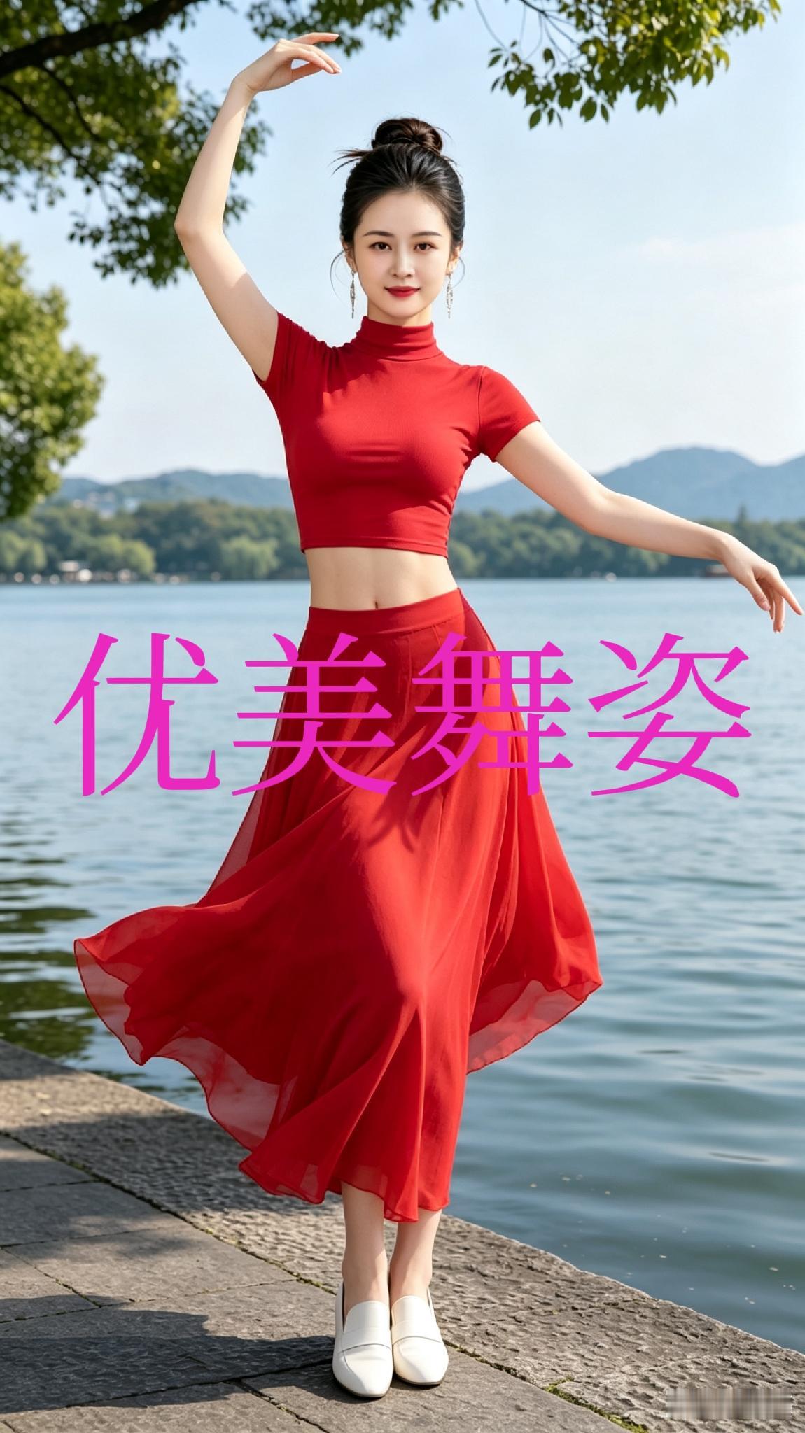 红裙摇曳舞春风，
体态轻盈韵不同。
步步生姿皆妙趣，
满湖风采醉眼中。
 
配文