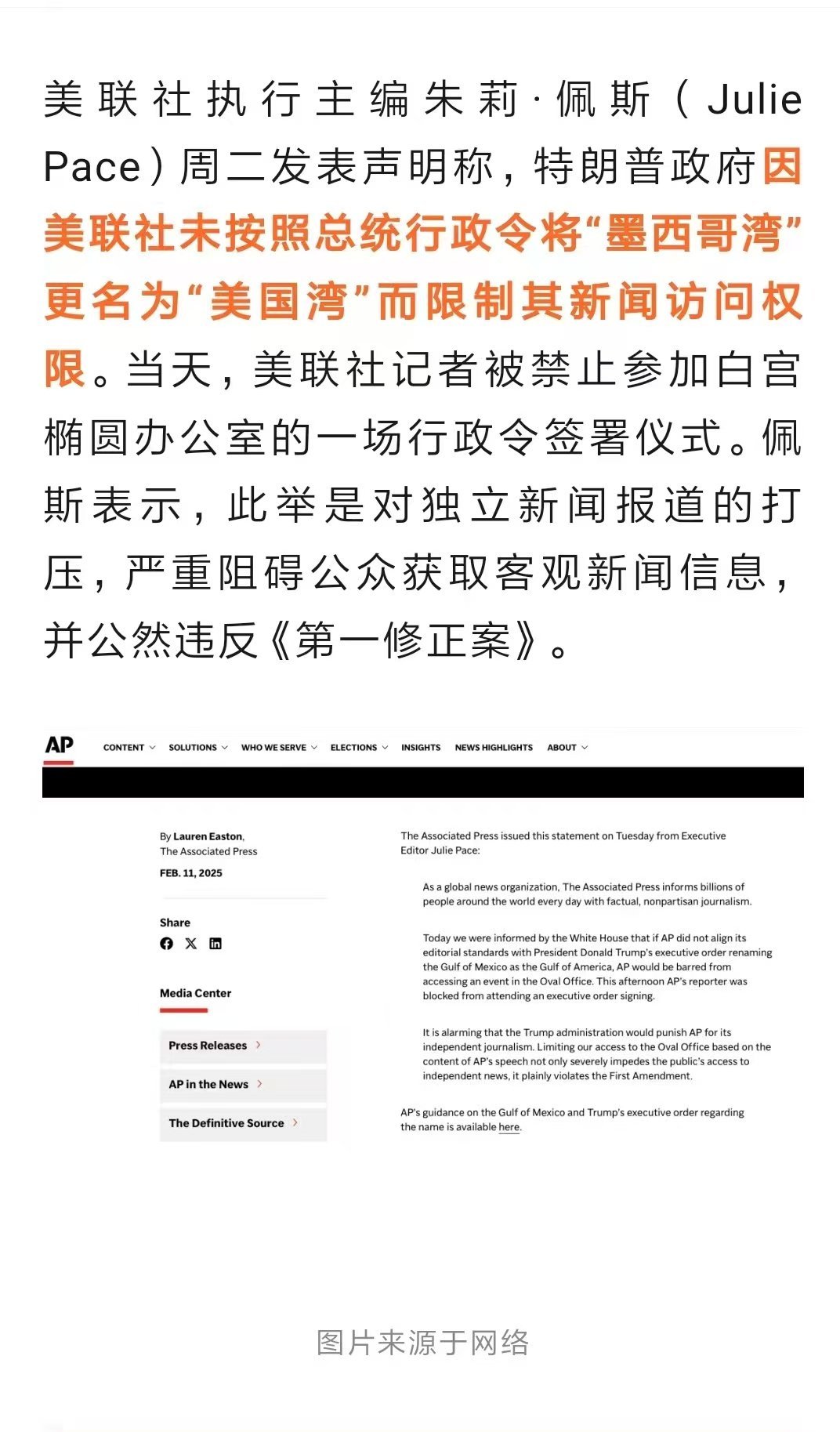 美联社: 因美联社未按照总统行政令将“墨西哥湾’更名为“美国湾”而被限制其新闻访