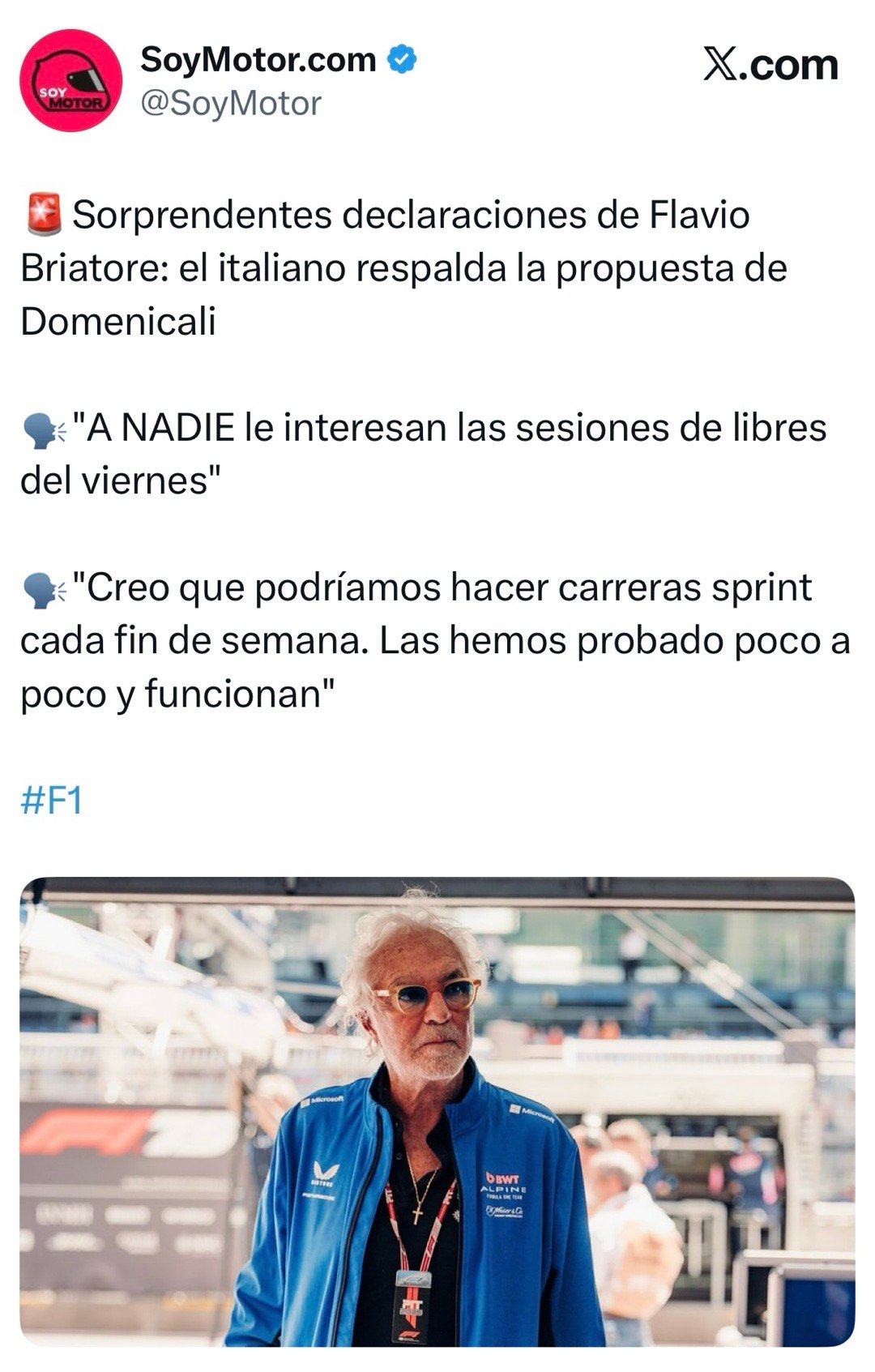 布里亚托利支持F1 CEO多梅尼卡利增加冲刺赛数量的提议：“没有人对于周五自由练