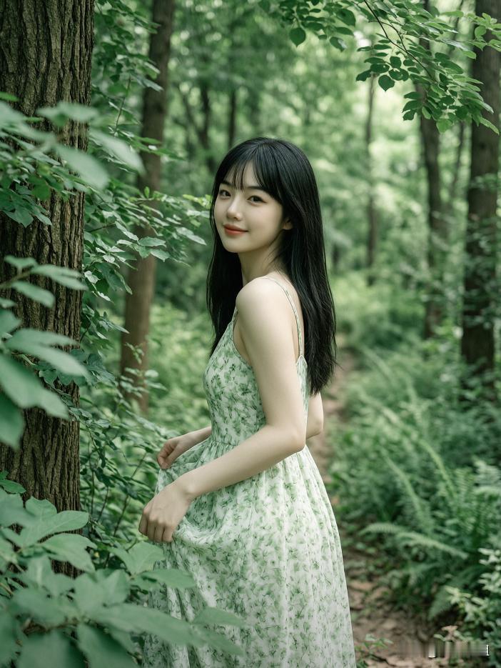 森林中的少女，清新自然，美如画卷。