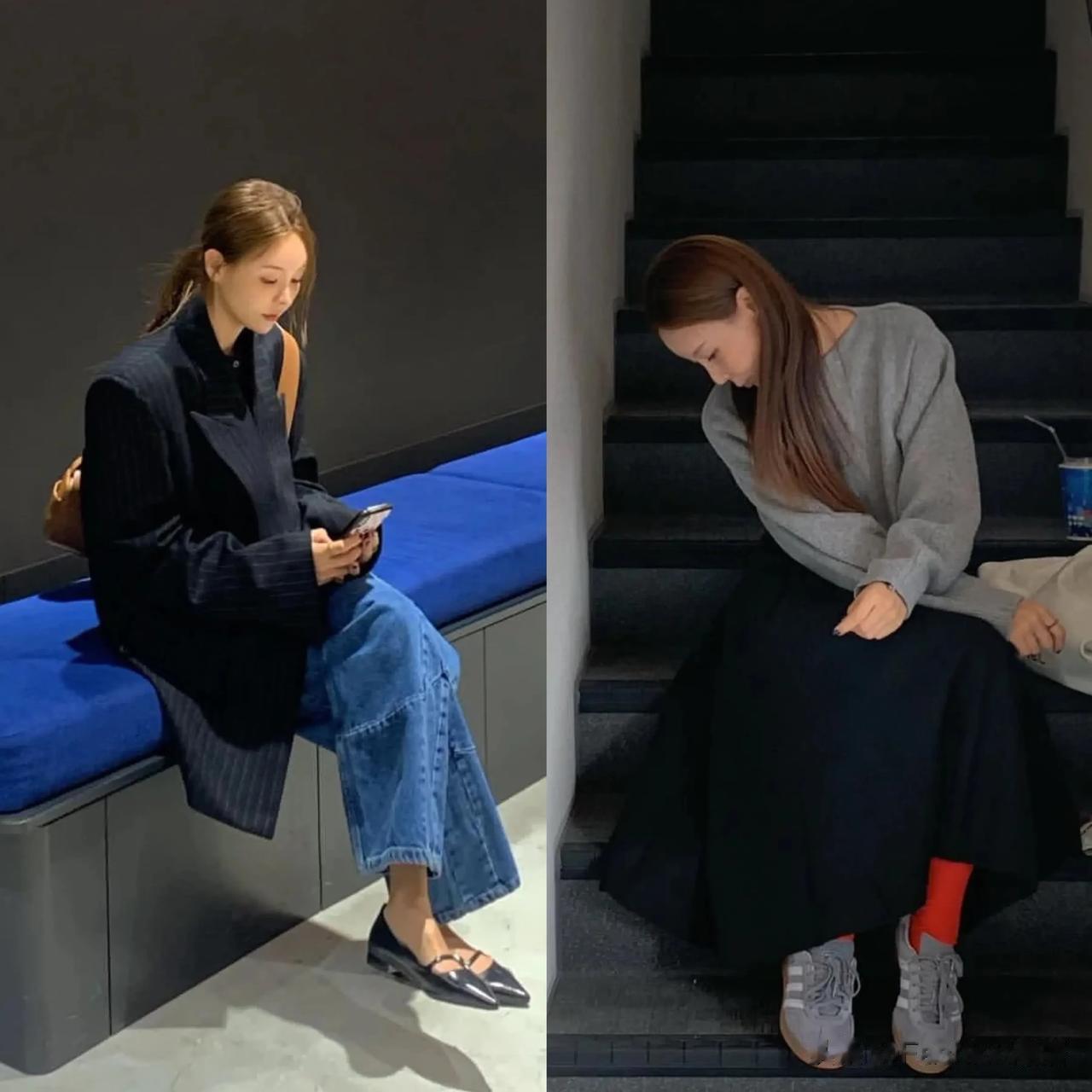 ins博主aah_ruu的日常穿搭～灰色搭配红色休闲裤，意外的感觉很好看啊。
图