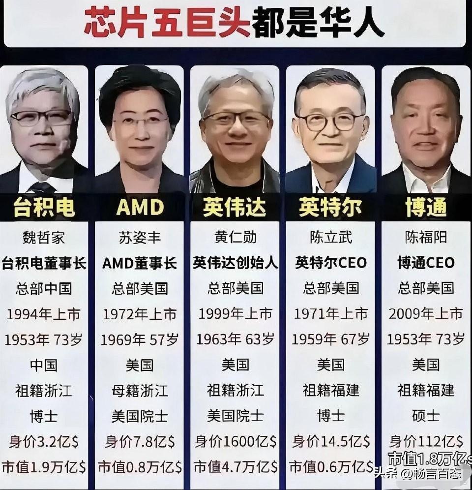 目前，台积电、AMD、英伟达、英特尔和博通这五家全球芯片行业巨头的掌门人都是华人