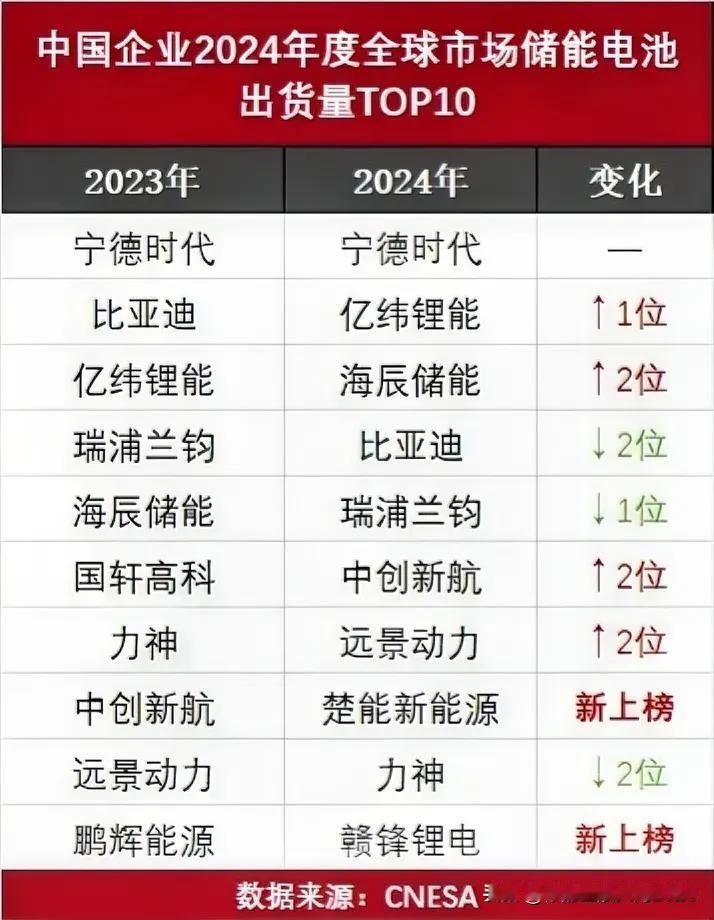 中国企业2024年储能电池全球出货量TOP 10排行榜