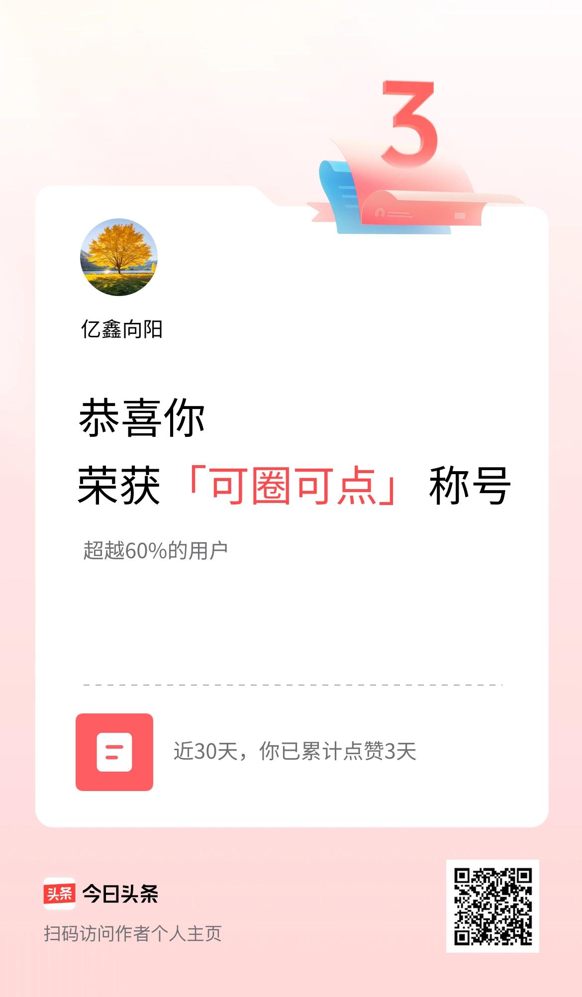 我在头条30天内点赞打卡3天，获得“可圈可点”称号