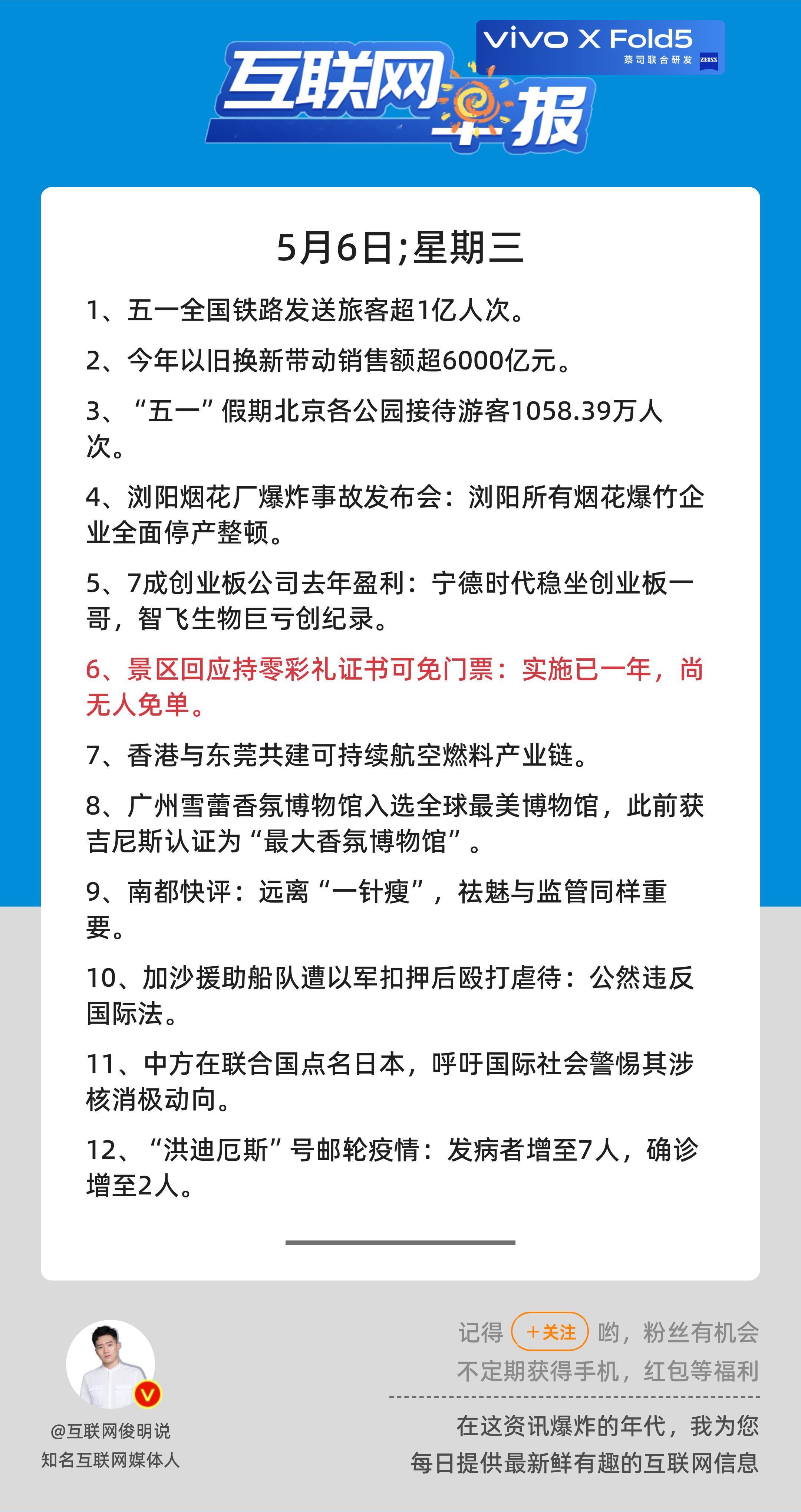 5月6日，星期三，《第3130期》；互联网早报，众览天下事关心第6条：景区回应持