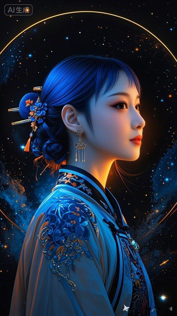 梦幻古风少女，蓝发飘逸，星空背景，唯美动人。