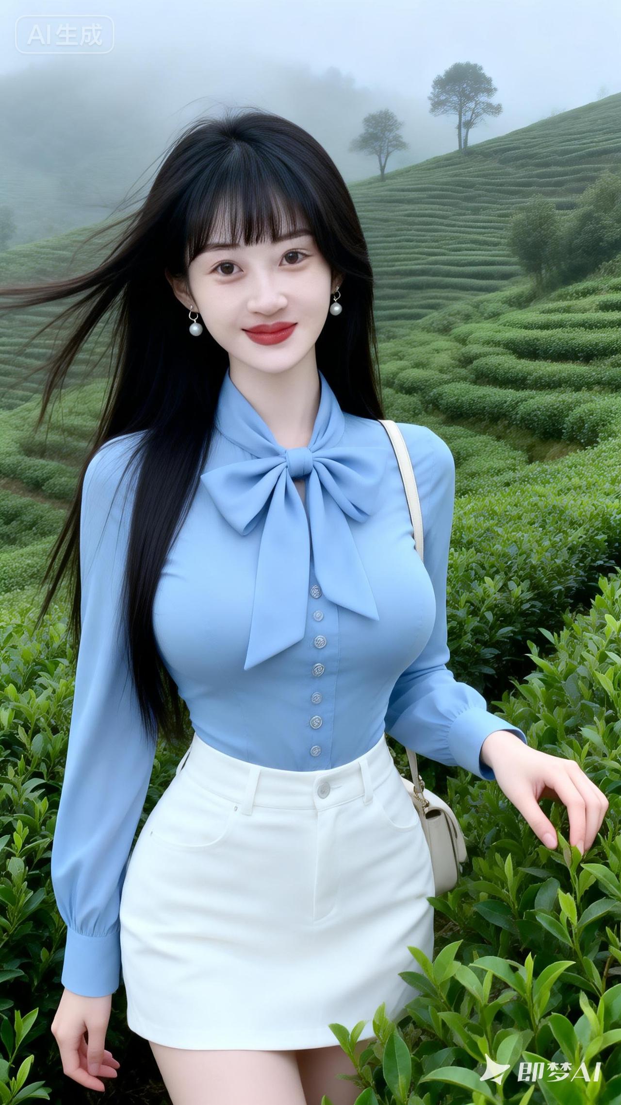 茶园里的蓝白少女，清新自然，美不胜收！🌿💙👗