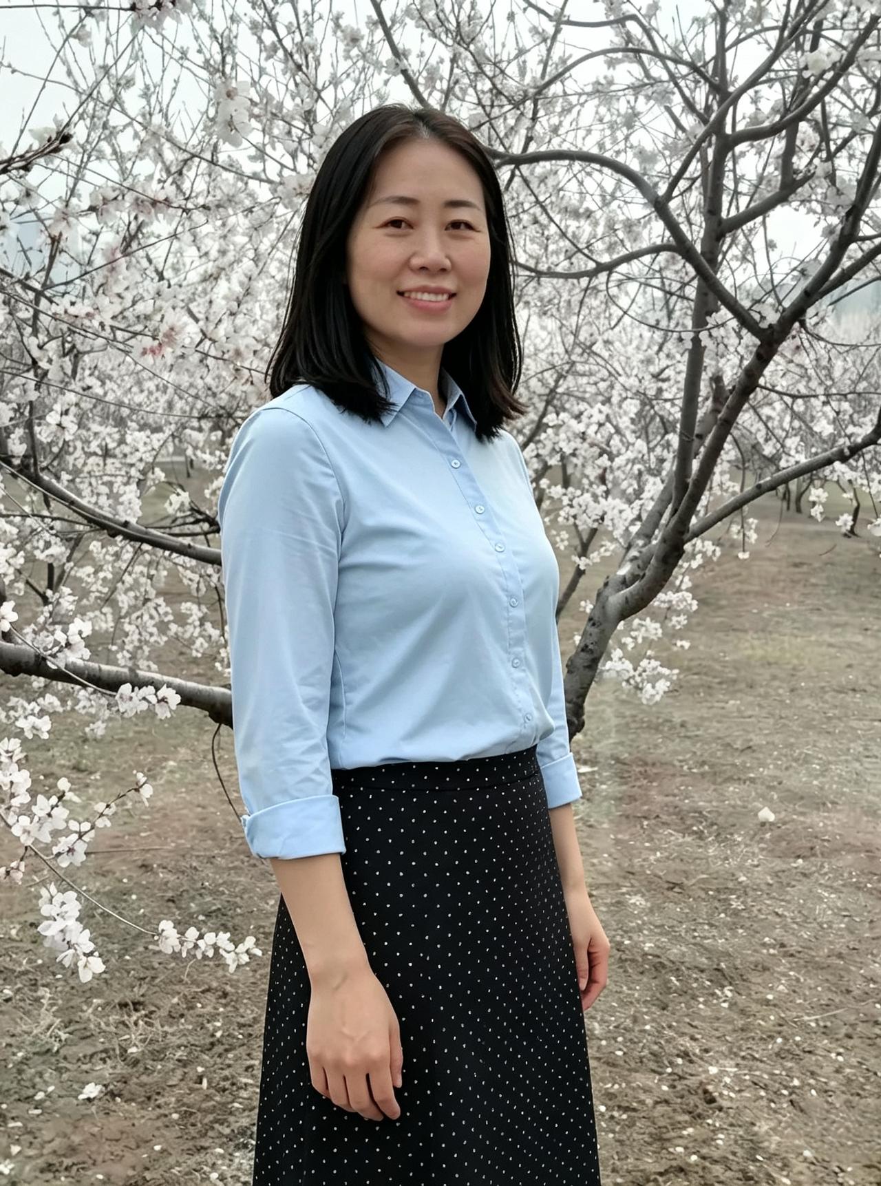 蓝衫熨帖衬清嘉，黑裙波点映春花。
从容立在芳丛里，不施粉黛亦无瑕。