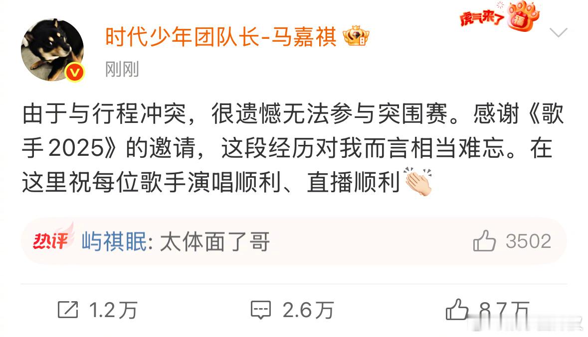 马嘉祺确认不参与歌手突围赛了马嘉祺 歌手突围赛 ​​​