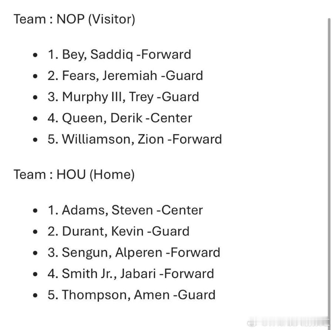 火箭vs鹈鹕今日首发：阿门、小贾、亚当斯，杜兰特、申京。鹈鹕vs火箭