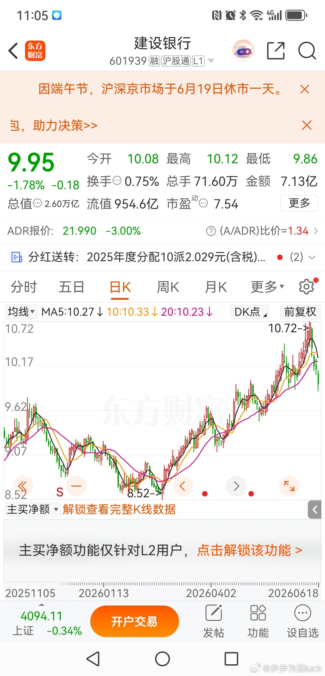 建设银行，我不是老登，今天又加仓了，目前成本9.83元，看看一年后多少钱。a股 