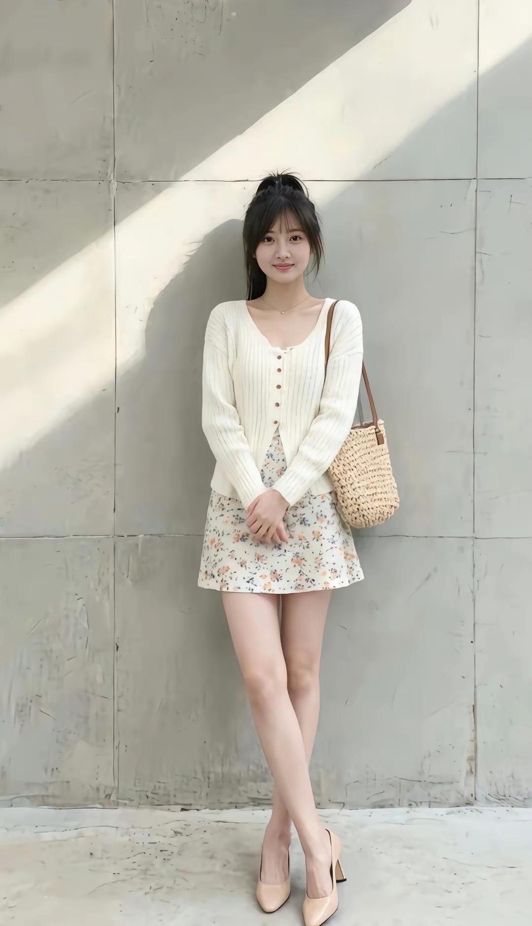 清新夏日穿搭，白色针织衫+印花短裙，轻松自然，搭配米色高跟鞋，优雅出街！