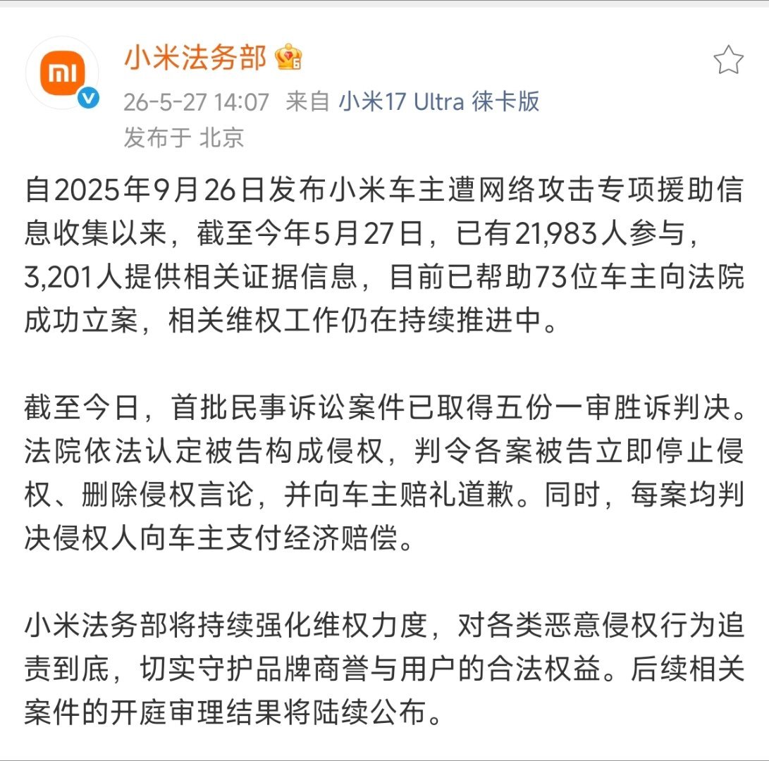 小米法务的最新进展：截止5月27日，已有21,983人参与，3,201人提供相关