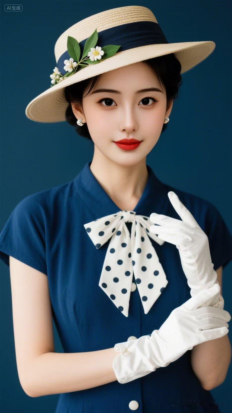 蓝裙白手套，花帽轻点眉梢，复古优雅如画中人，一笑倾城惹人醉。