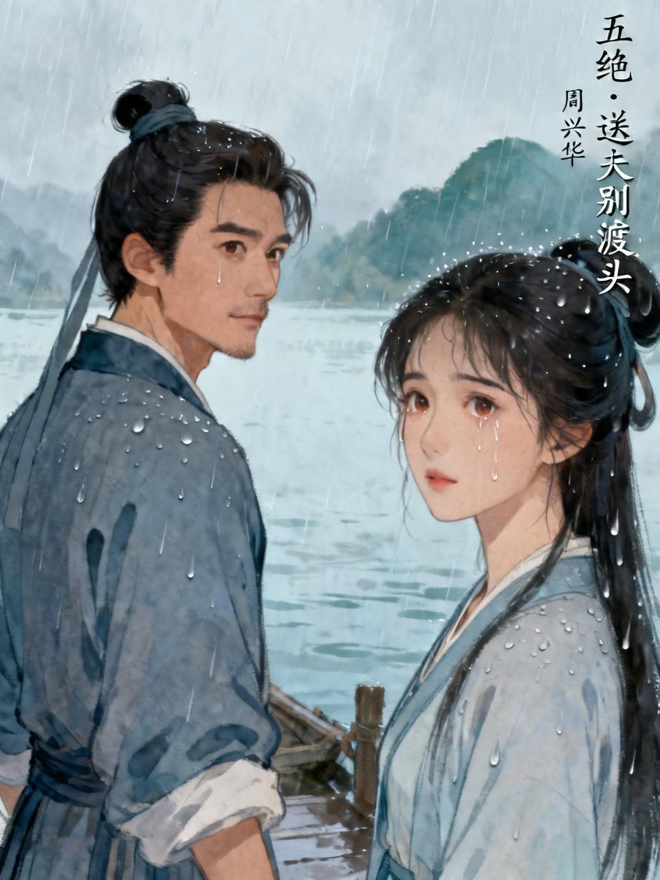 五绝·送夫别渡头
     周兴华
夫君别渡头，
三步一回眸。
雨点湿毛发，
双