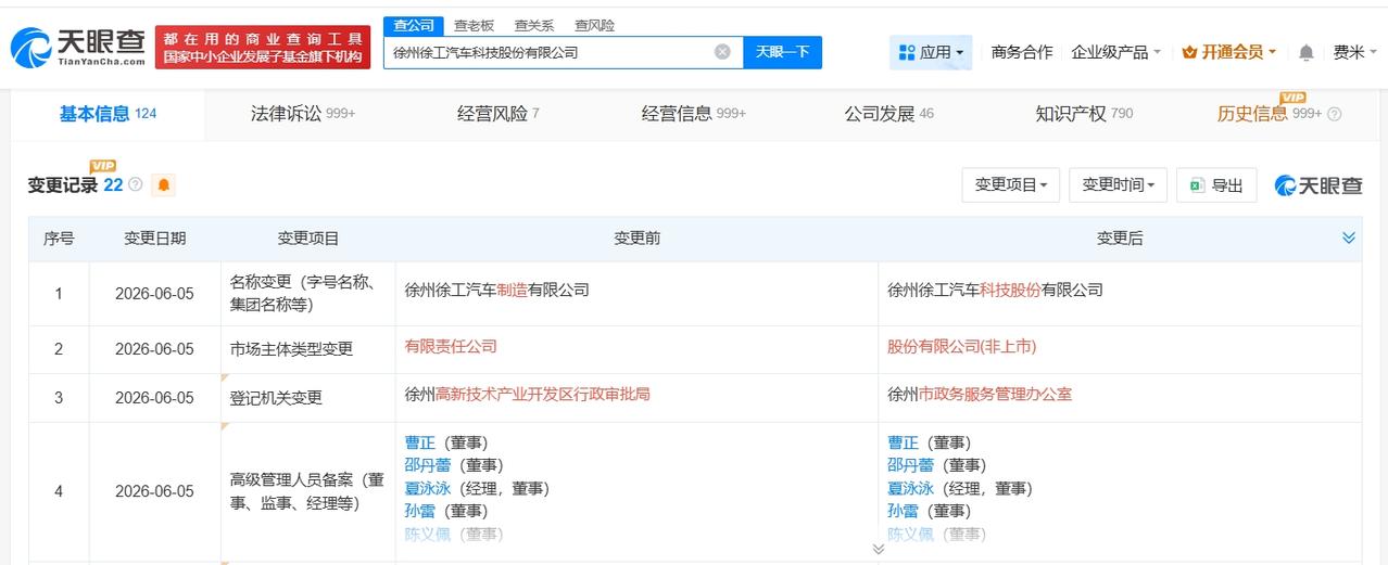 徐工汽车变更为股份公司
徐工汽车制造公司更名为徐工汽车科技公司
天眼查App显示