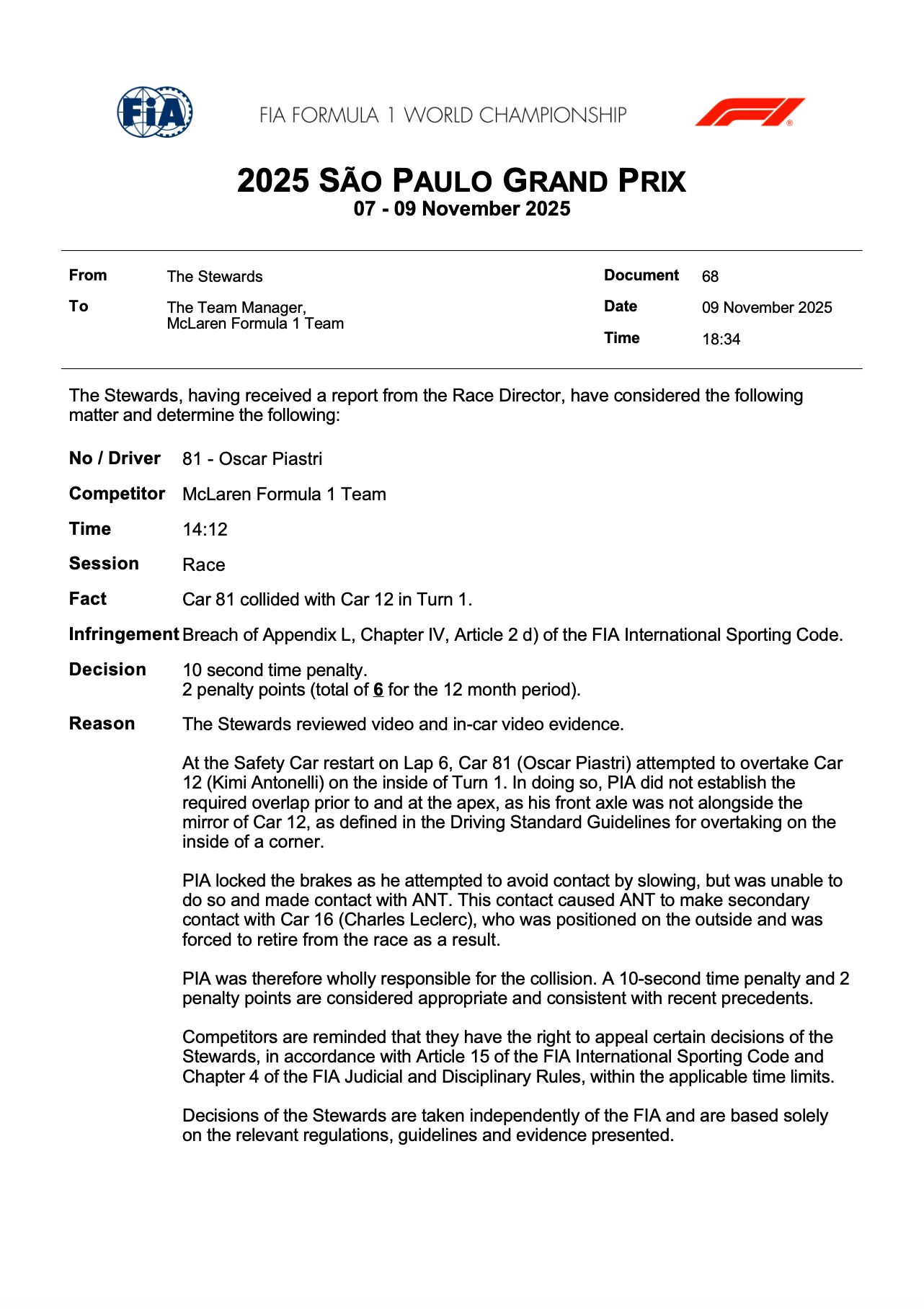 赛会仲裁昨天撤回并修改了两次车手超级驾照罚分的文件皮亚斯特里被罚2分后，目前已经