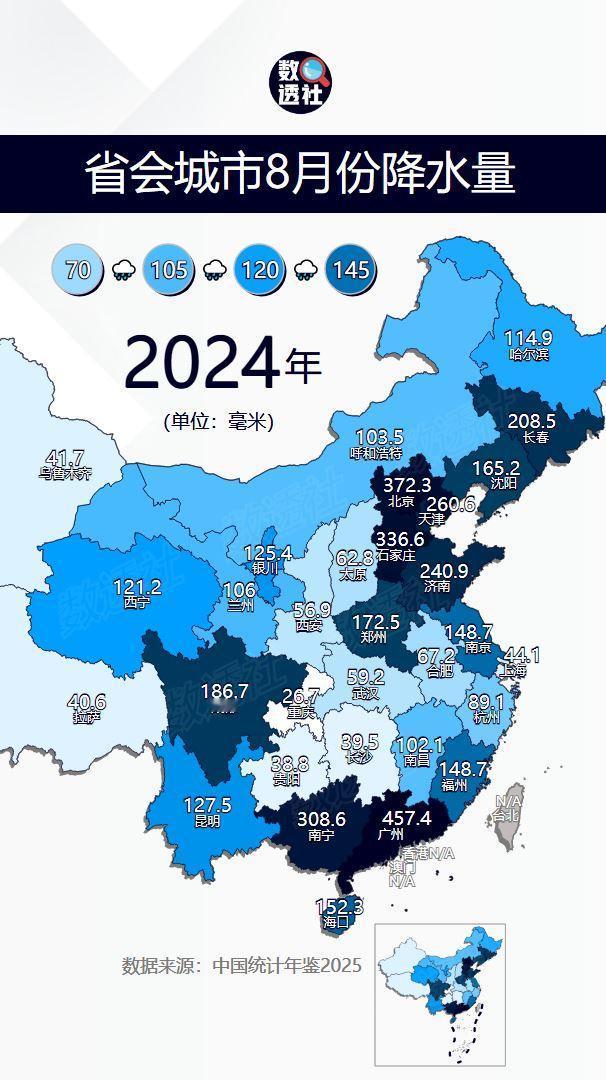 省会城市8月份降水量