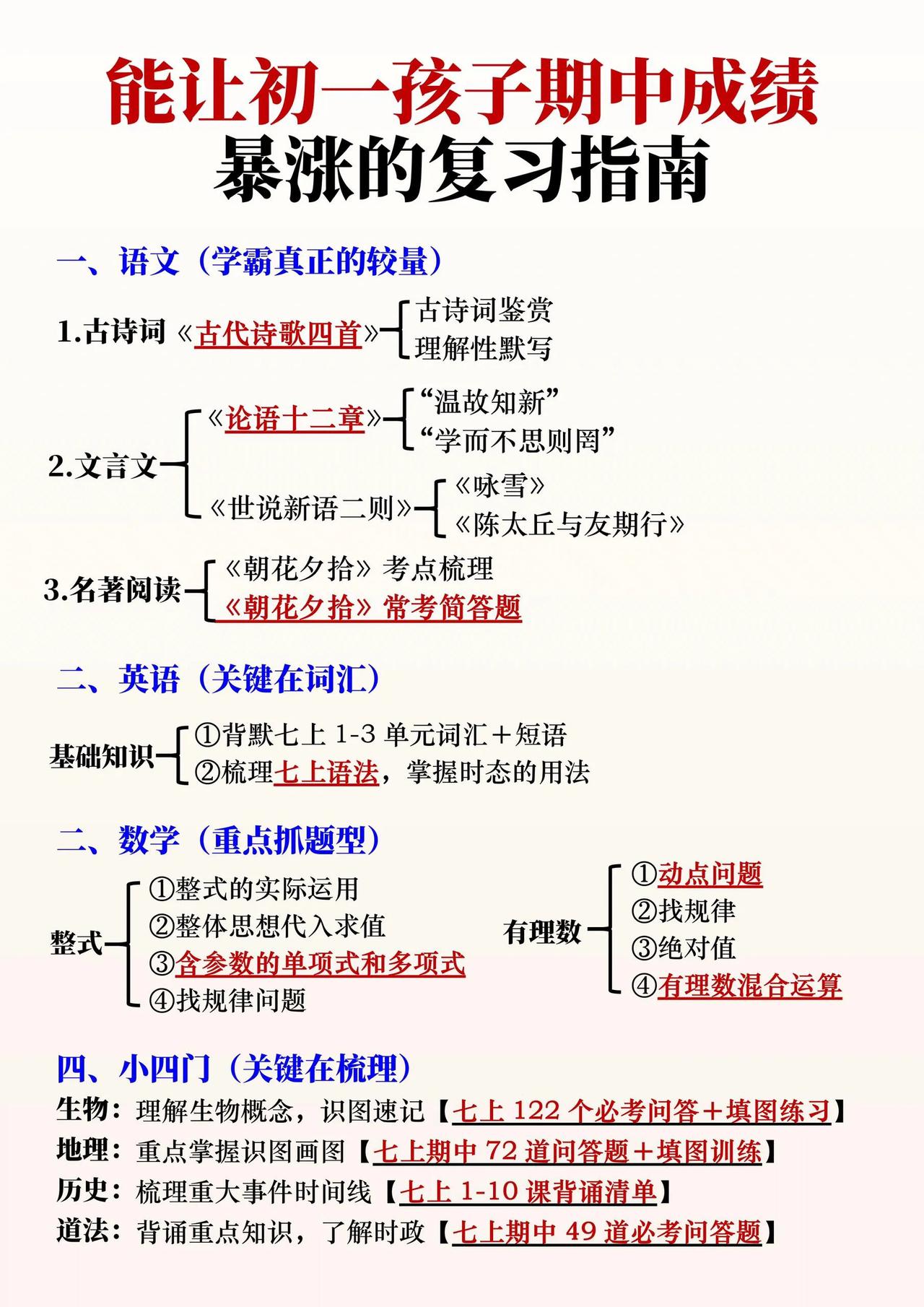 能让初一孩子期中成绩暴涨的复习指南